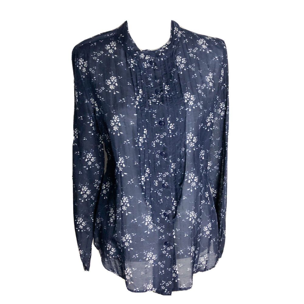 Coldwater Creek Shaped Button Up Blouse Women's Size S Blue Floral Long Sleeve